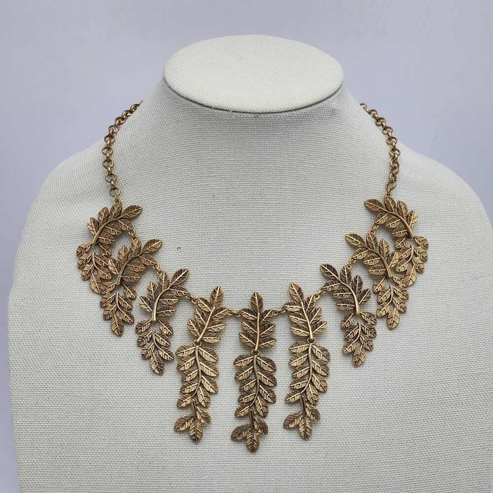 Boho Gold Leaf Goddess Leaves Vine Dangle Statement Necklace Bib 18" Gold Chain